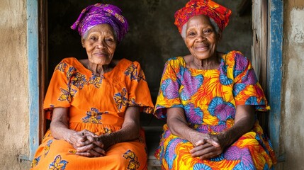 Celebrating Life: Haitian Elderly Twins in Vibrant Dresses Under Caribbean-Inspired Bright Lighting
