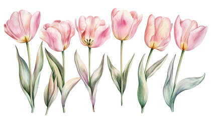 Fototapeta premium Exquisite Watercolor Pink Tulips Floral Botanical Illustration Spring Flowers Elegant Design