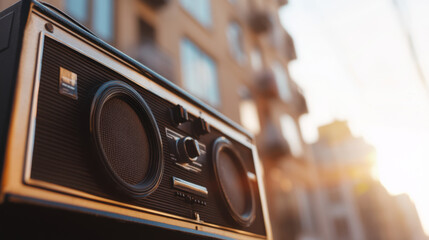 Classic boombox with warm vintage tones, captured in focus against blurred urban background. nostalgic vibe evokes memories of music and street culture