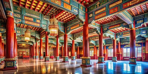 Majestic Royal Chinese Palace Hall Interior with Ornate Columns - Landmark Religious Architecture