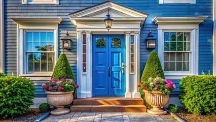 Obraz premium New England Home Exterior: Vibrant Blue Front Door with Sidelights and Transom, Potted Plants