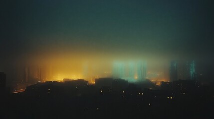Foggy city night skyline with warm and cool lights.