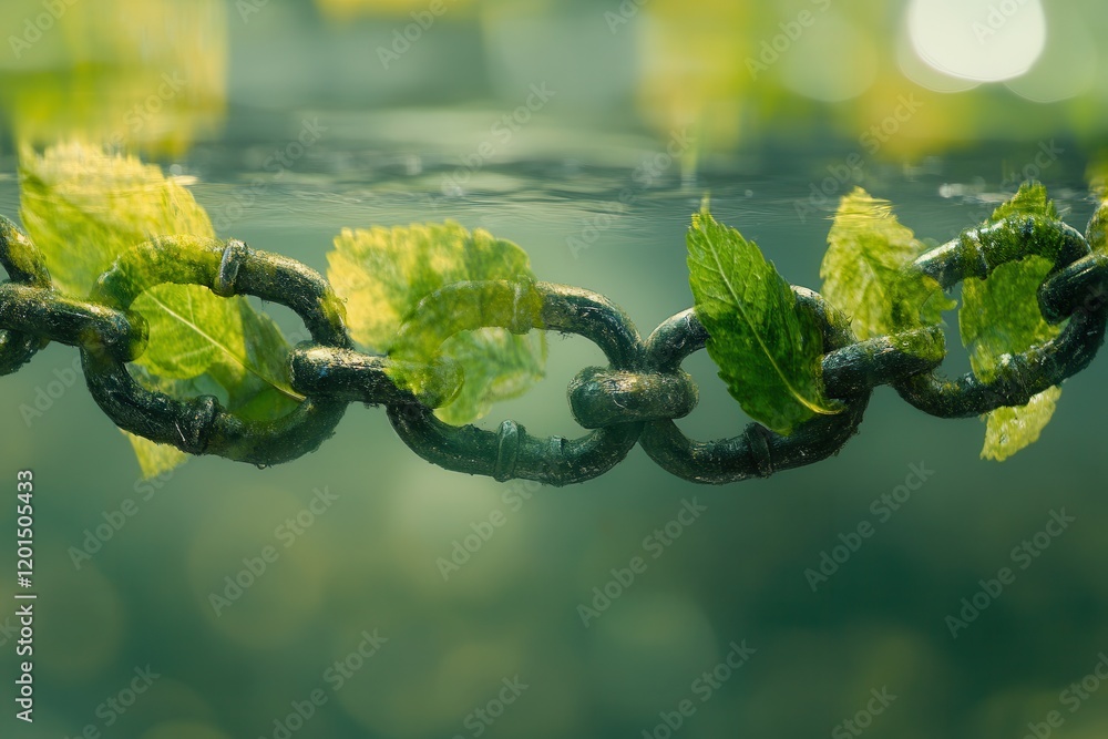 Poster close-up double exposure of a chain intertwined with green leaves underwater creating a unique and a