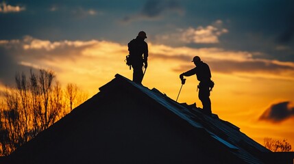 Two construction workers silhouetted against a vibrant sunset, working on a roof.