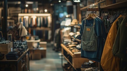 Fototapeta premium Stylish clothing store interior with hanging jeans and jackets