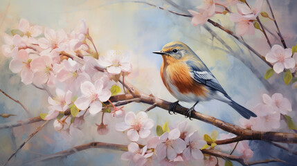 Fototapeta premium Spring Bird in Blossom Tree - A Peaceful Spring Scene