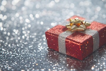 Shiny Silver Background with a Glimmering Red Gift Box Topped with a Golden Bow, Perfect for...