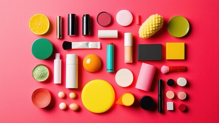 Vibrant Makeup Cosmetics Flatlay Colorful Beauty Products Arrangement