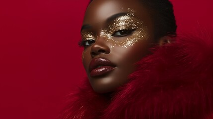 Stylish portrait of a beautiful black woman in red fur coat with gold glitter makeup and glossy lips, radiating luxury and confidence.