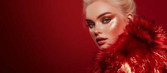 Blonde woman in red fur coat with gold glitter eye makeup and pink lips, exuding elegance and charm. Red background