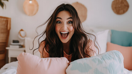 Joyful woman holding pillows in a playful bedroom, exuding excitement and happiness with her wide smile.