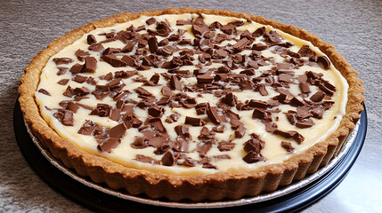 Delicious chocolate tart with a creamy filling and chocolate pieces on top