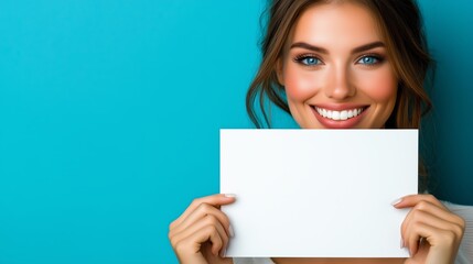 Naklejka premium Smiling woman with long brown hair holding a square white sign against a vibrant blue background, expressing positivity and clarity for communication or promotional themes.