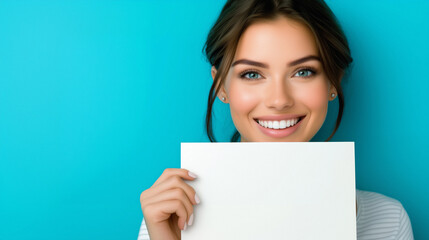 Naklejka premium Smiling woman with long brown hair holding a square white sign against a vibrant blue background, expressing positivity and clarity for communication or promotional themes.
