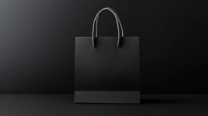 Black paper shopping bag mockup on a black background.