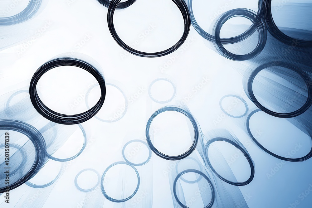 Poster a dynamic view of interconnected metal rings in an abstract composition evoking movement and depth w