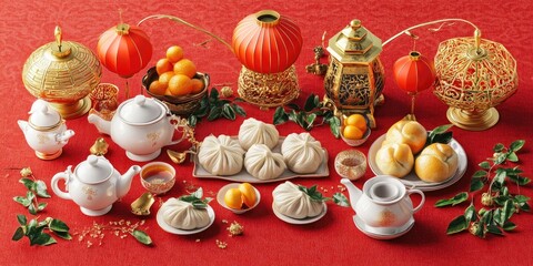 Traditional Festive Tea Setting with Dumplings and Lanterns on a Vibrant Red Background