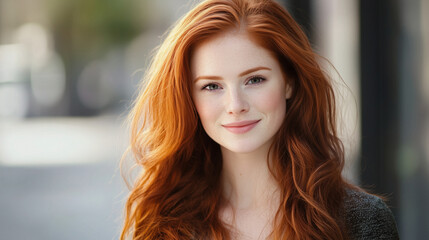 Naklejka premium Young woman with red hair and freckles smiling brightly in an urban street with blurred lights in the background.