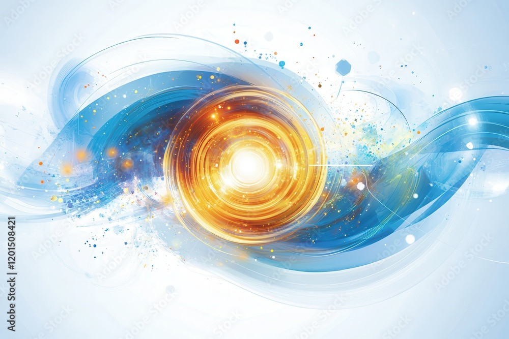 Poster abstract vector art of glowing light waves with radiant energy and colorful particles on a soft blue