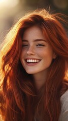 Fototapeta premium Woman with red hair and a bright smile outdoors in evening light, radiating elegance and charm.