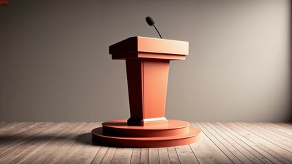 A 3D microphone on a wooden conference table icon symbolizes a speaker's lecture stage
