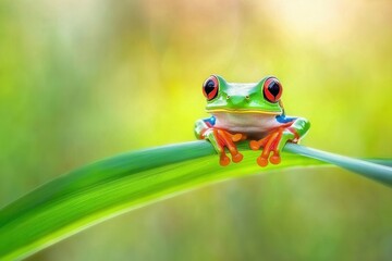 Obraz premium A vibrant image of a poison dart frog perched on a leaf, its bright colors warning of toxicity. 