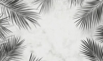 Gray shadow of natural palm leaf abstract background falling on white concrete wall texture for background and wallpaper.