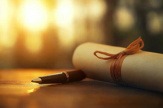 Close-Up of a Rolled Graduation Diploma Tied with an Orange Ribbon Next to a Elegant Pen Under Warm Golden Light