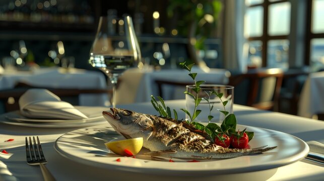 Elegant dining experience with grilled seabass in a luxurious restaurant bathed in evening light
