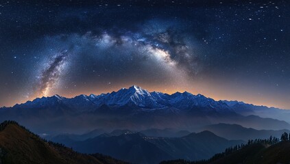 Beautiful night sky with stars and the Milky Way over a mountainous landscape, a panoramic view.