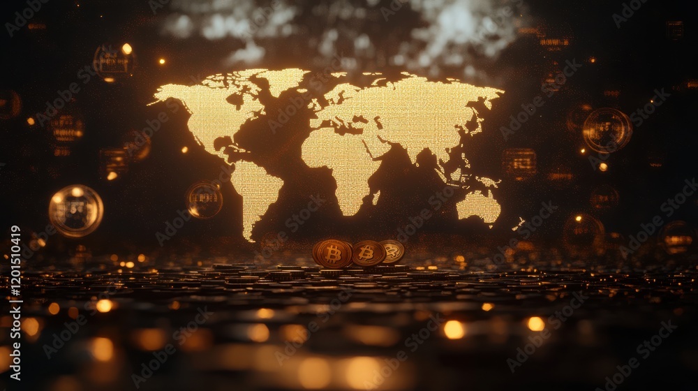Poster a glowing, stylized world map illuminated against a dark background, surrounded by floating orbs, cr