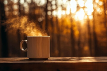 Steaming Coffee Mug in a Sunlit Forest