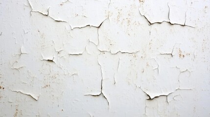 Obraz premium Cracked white paint on a textured wall, showcasing peeling layers and a weathered appearance.