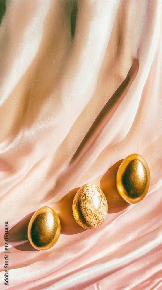 Poster golden eggs arranged on a smooth satin fabric backdrop in pastel hues creating a delicate and elegan