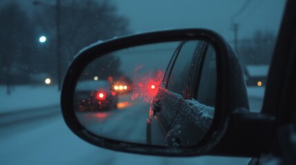 Snowy Night Drive, Car Mirror Reflecting Traffic Lights
