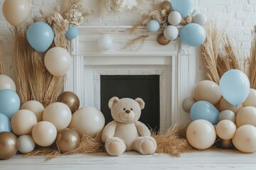Adorable teddy bear on pastel balloon garland with boho-inspired decoration and golden grass texture, whimsical baby party setup with soft colors and vintage celebration vibe