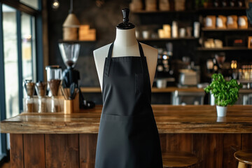 Black apron mockup on a mannequin in a coffee shop interior