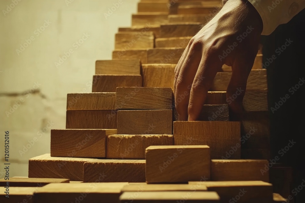 Poster ladder career path for business growth success process concept.hand arranging wood block stacking as