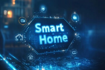 Obraz premium Elegant digital background showcasing smart home concept with technology icons in a futuristic style