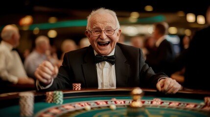 Fototapeta premium An elderly man in a tuxedo joyfully plays roulette at a casino, surrounded by a lively atmosphere and fellow patrons.