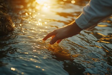 Serene sunset scene with human hand gently touching water surface, creating ripples in warm golden light, symbolizing peace, connection with nature, and mindful outdoor moment
