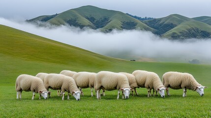 Fototapeta premium Sheep graze on pasture, misty hills background, rural New Zealand farming scene, idyllic landscape
