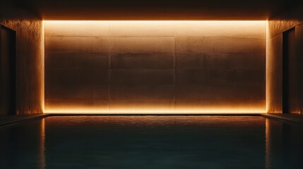 A serene indoor pool area with soft, warm lighting illuminating a sleek, modern wall.