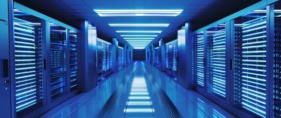 Modern data center with rows of illuminated server racks, bright blue LED lights, sleek reflective floors, and advanced technological infrastructure