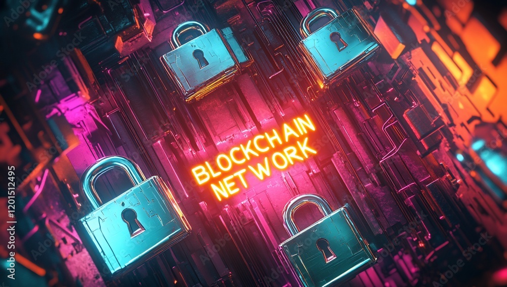 Poster blockchain network security visualization digital art cyber environment 3d view
