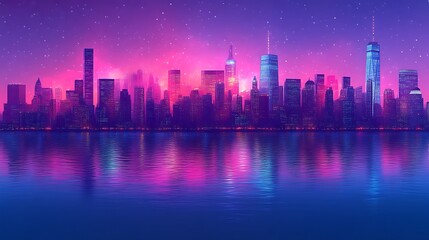 Fototapeta premium Night City Skyline Reflected in Water Under a Starry Sky