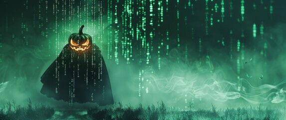 A glowing jack-o'-lantern with a sinister smile cloaked in a digital cape surrounded by code, mist, and dark foliage, creating an eerie Halloween scene