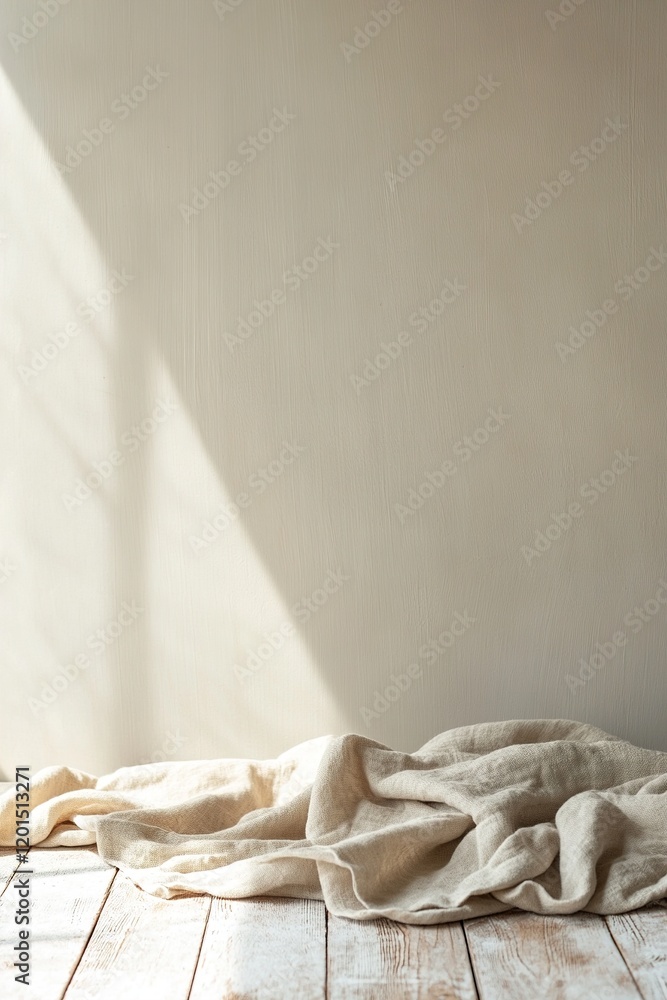 Poster soft linen fabric in muted beige tones drapes gently across a surface, creating a cozy and tranquil 