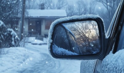 Snowy Winter Day Reflected in Car Side Mirror