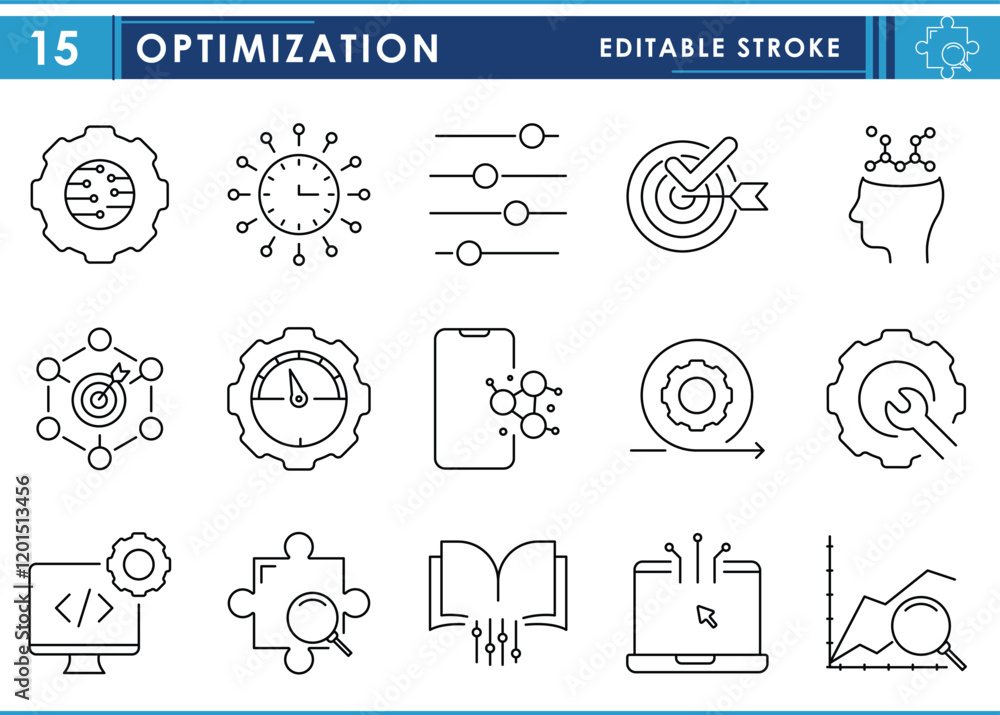 Poster a set of line icons related to optimization. optimize, upgrade, intelligence, target, smart, overall